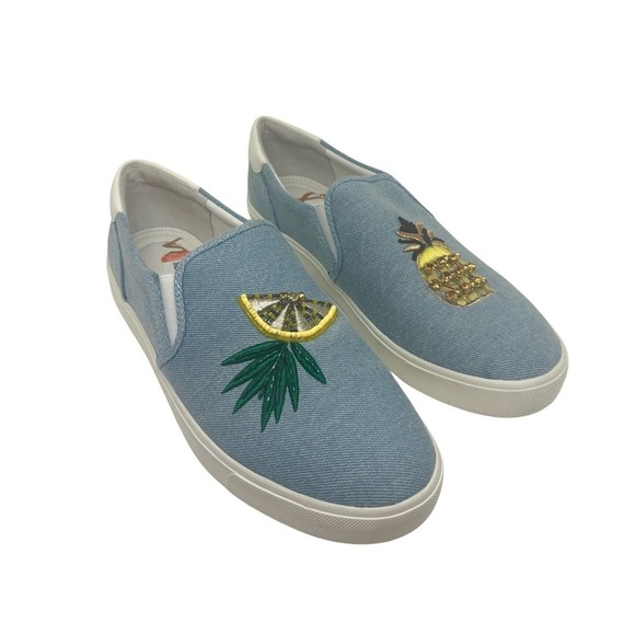 SAM EDELMAN Evelina Lemon Pineapple Denim Embellished Slip On Sneakers - Sz 10 - Picture 1 of 8